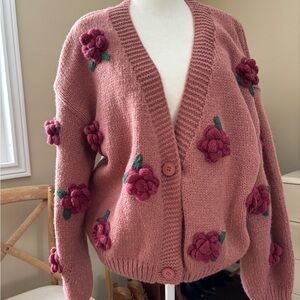 Dreamers Rose Embellished Cardigan in Pink
